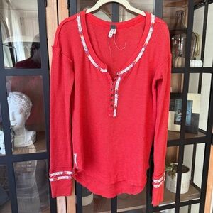 Free People Thermal Long Sleeve Henley Waffle Knit Embroidered Top vintage boho